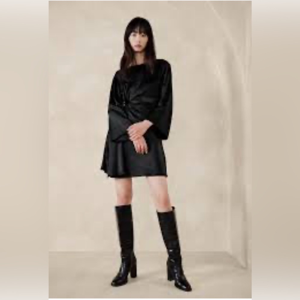 BANANA REPUBLIC TRECCIA HAMMERED SATIN DRESS BLACK Sz XL autumn wedding guest